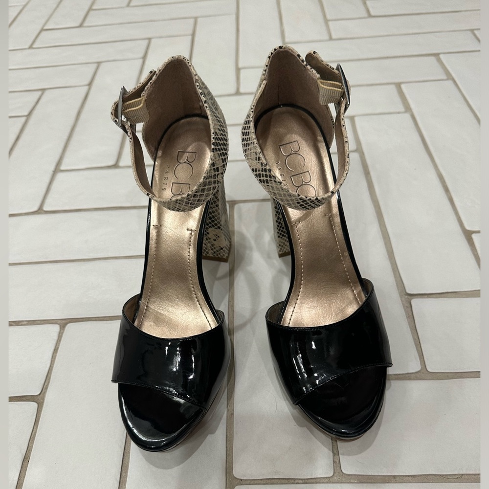 BCBG 9.5 or 39.5 snake skin and parent leather heel with strap -
